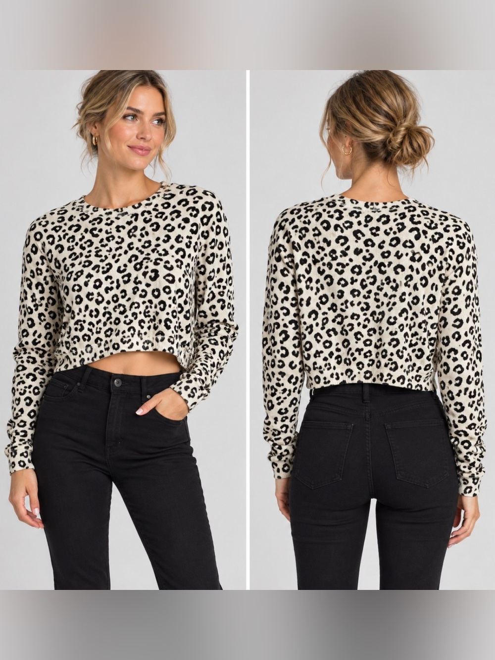 Divided Black White Leopard Print Cropped Oversized Knit Sweater Women Size S